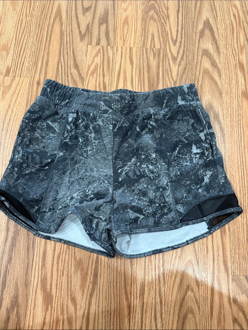 shosho Black Marble-Print Athletic Shorts